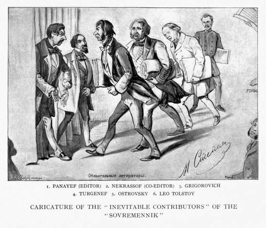 «Обязательные литераторы»: постоянные сотрудники «Современника» Панаев, Некрасов, Григорович, Тургенев, Островский и Л. Толстой несут в журнал свои сочинения (шарж, 1857)